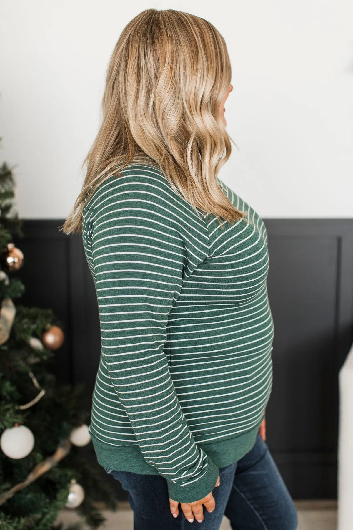Here For This Striped Top- Hunter Green