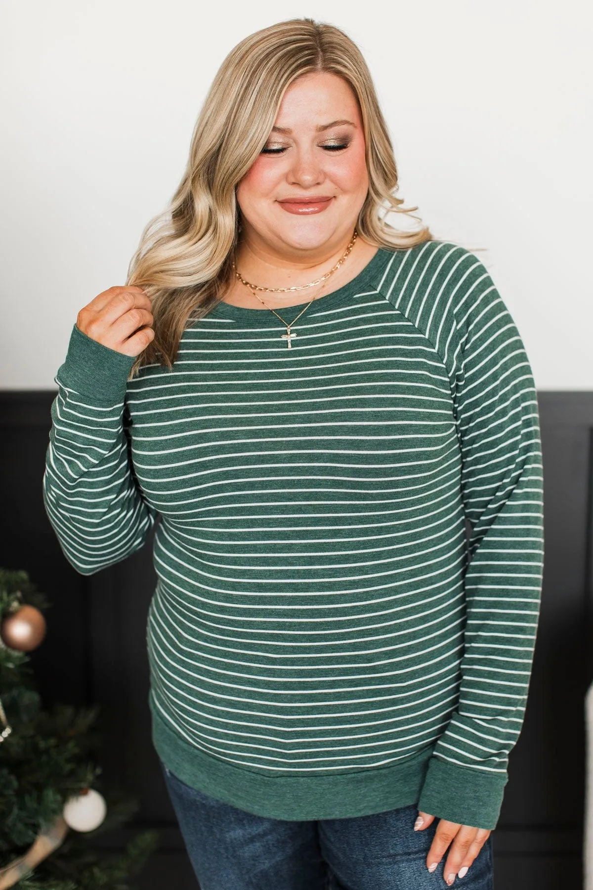 Here For This Striped Top- Hunter Green
