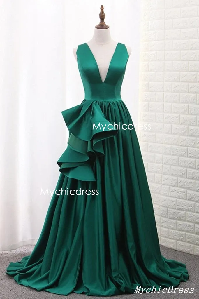 Hot Floor Length V Neck Sleeveless Sexy Green Prom Evening Dresses