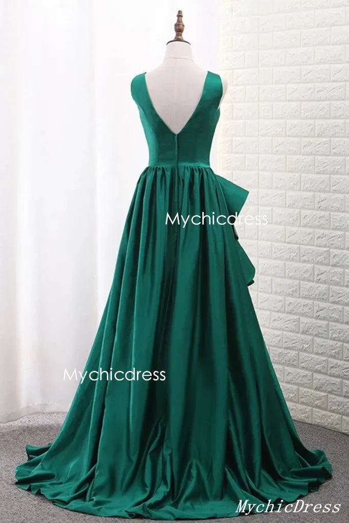 Hot Floor Length V Neck Sleeveless Sexy Green Prom Evening Dresses
