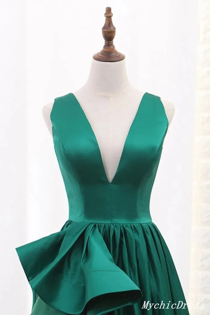Hot Floor Length V Neck Sleeveless Sexy Green Prom Evening Dresses