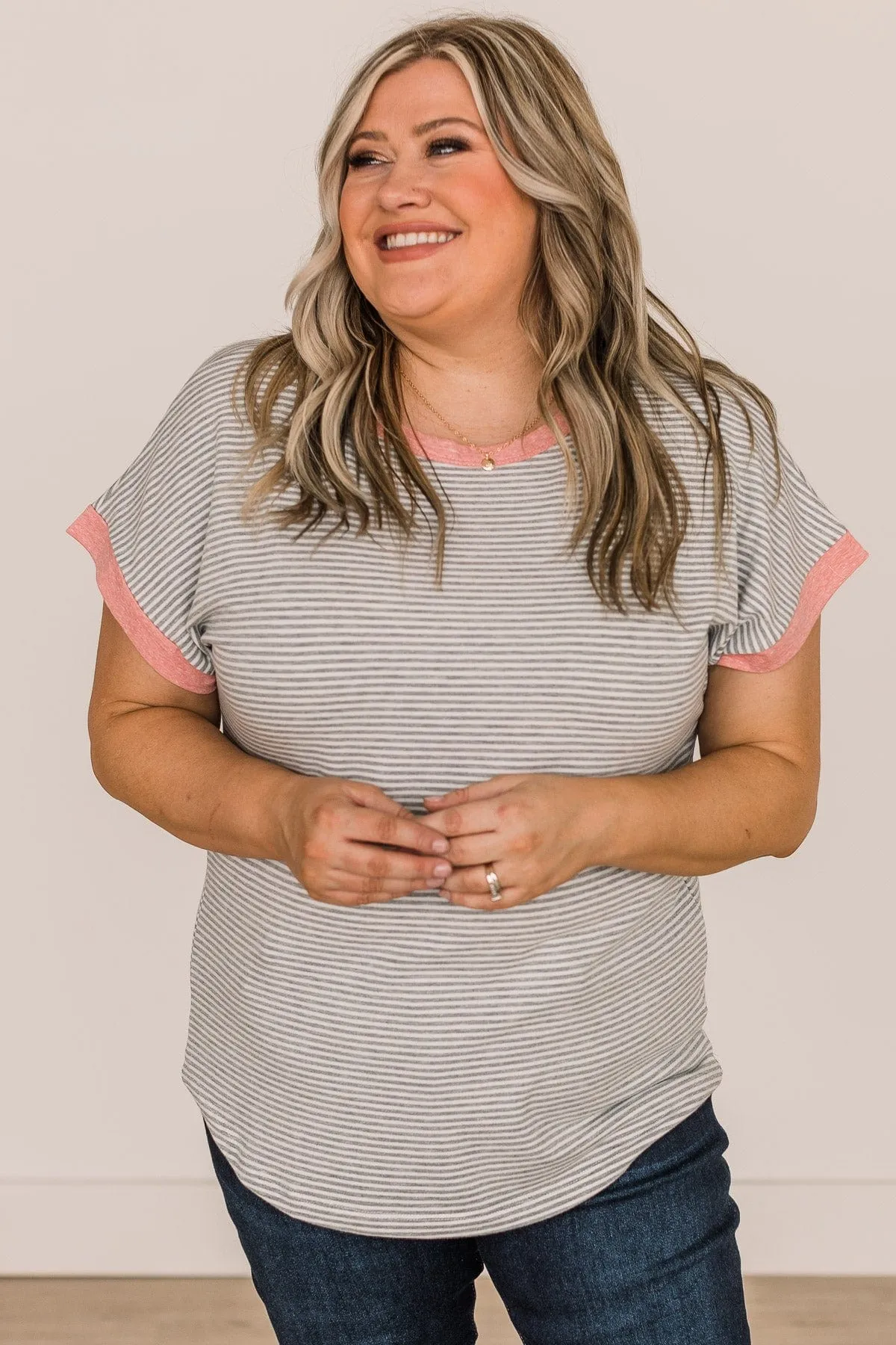 In The Right Direction Striped Top- Heather Grey & Pink