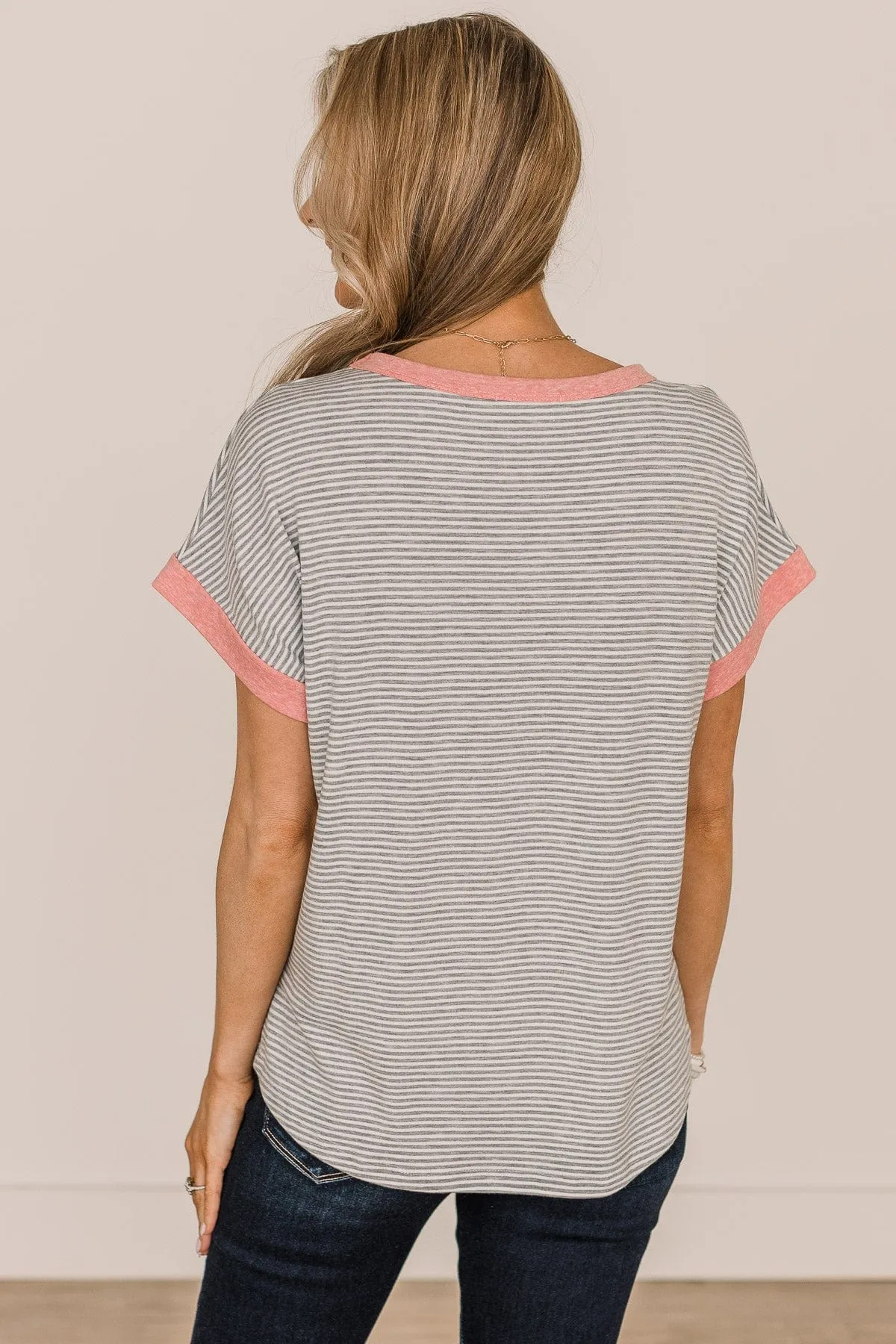In The Right Direction Striped Top- Heather Grey & Pink