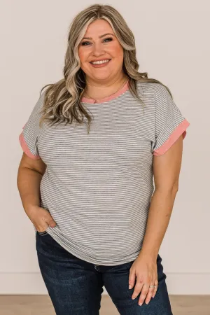In The Right Direction Striped Top- Heather Grey & Pink