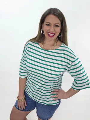 IVORY/GREEN STRIPED SCOOP NECK 3/4 SLEEVE TOP