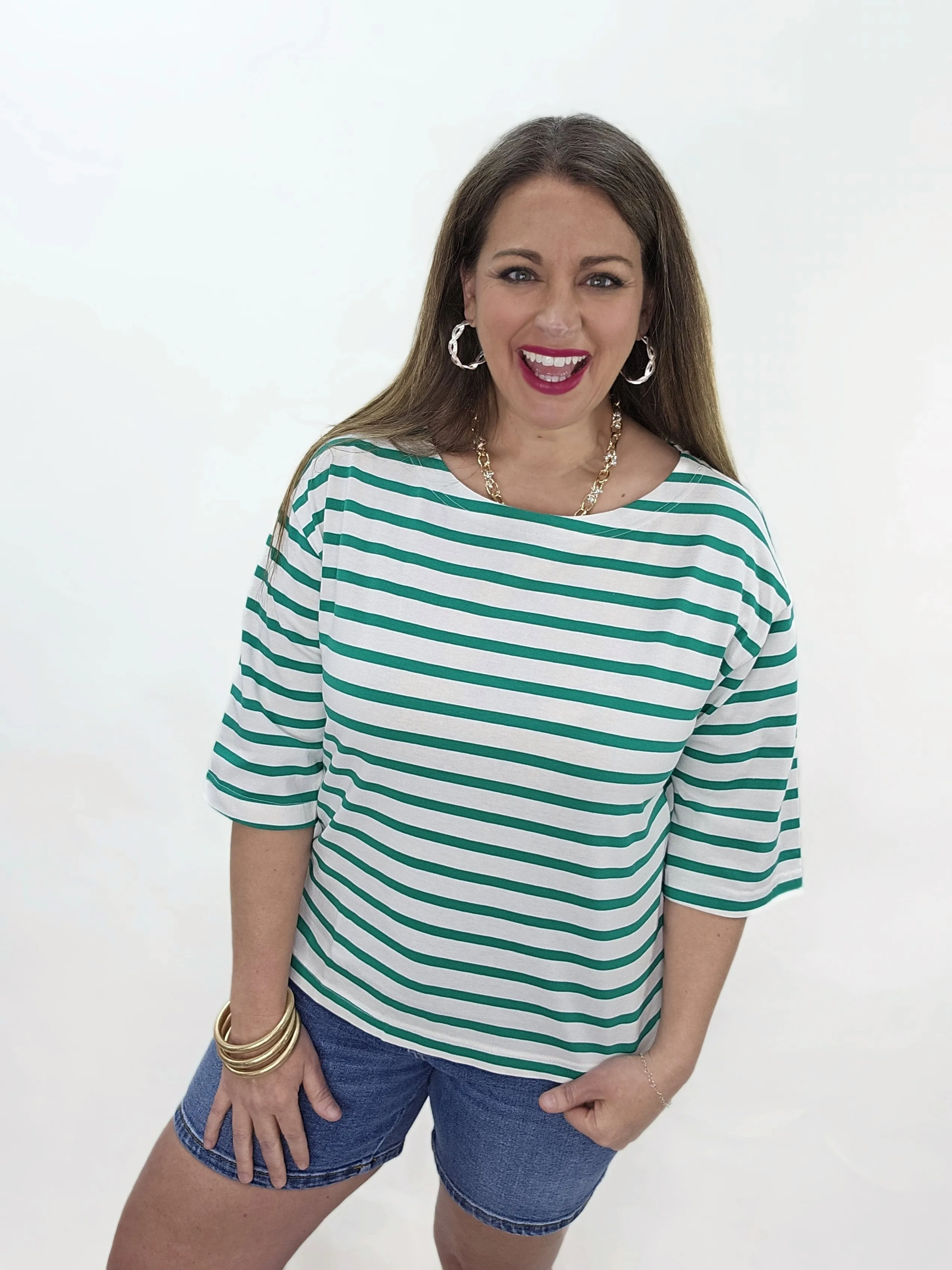 IVORY/GREEN STRIPED SCOOP NECK 3/4 SLEEVE TOP