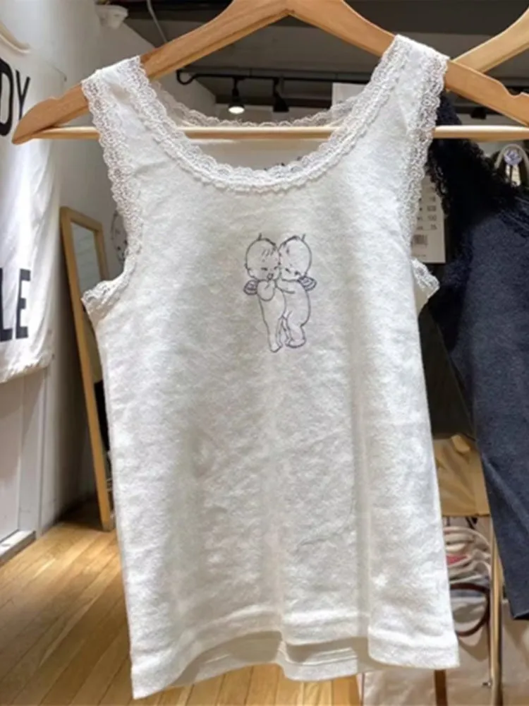 JazzHer Casual Women White Lace Edge Cartoon Printed Short Tanks 2025 Summer Fashion Ladies Casual Sleeveless Female Slim Y2k Tops