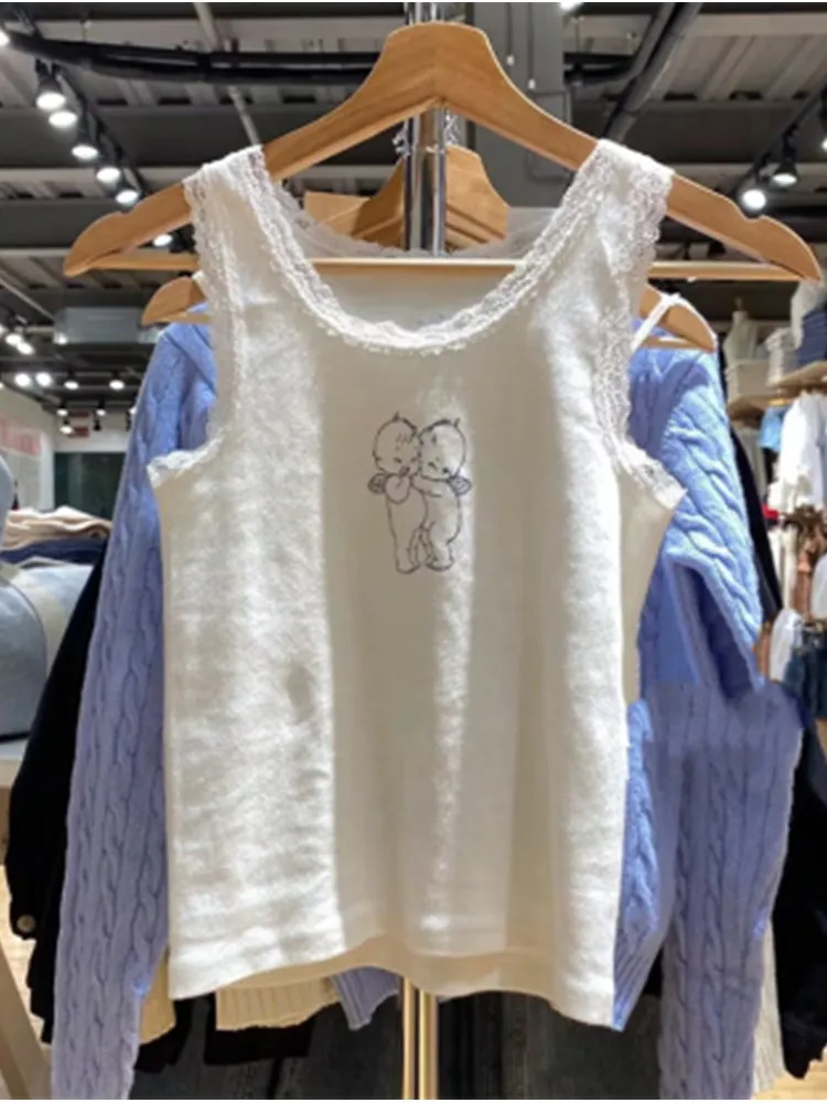 JazzHer Casual Women White Lace Edge Cartoon Printed Short Tanks 2025 Summer Fashion Ladies Casual Sleeveless Female Slim Y2k Tops