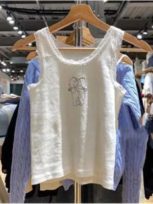 JazzHer Casual Women White Lace Edge Cartoon Printed Short Tanks 2025 Summer Fashion Ladies Casual Sleeveless Female Slim Y2k Tops
