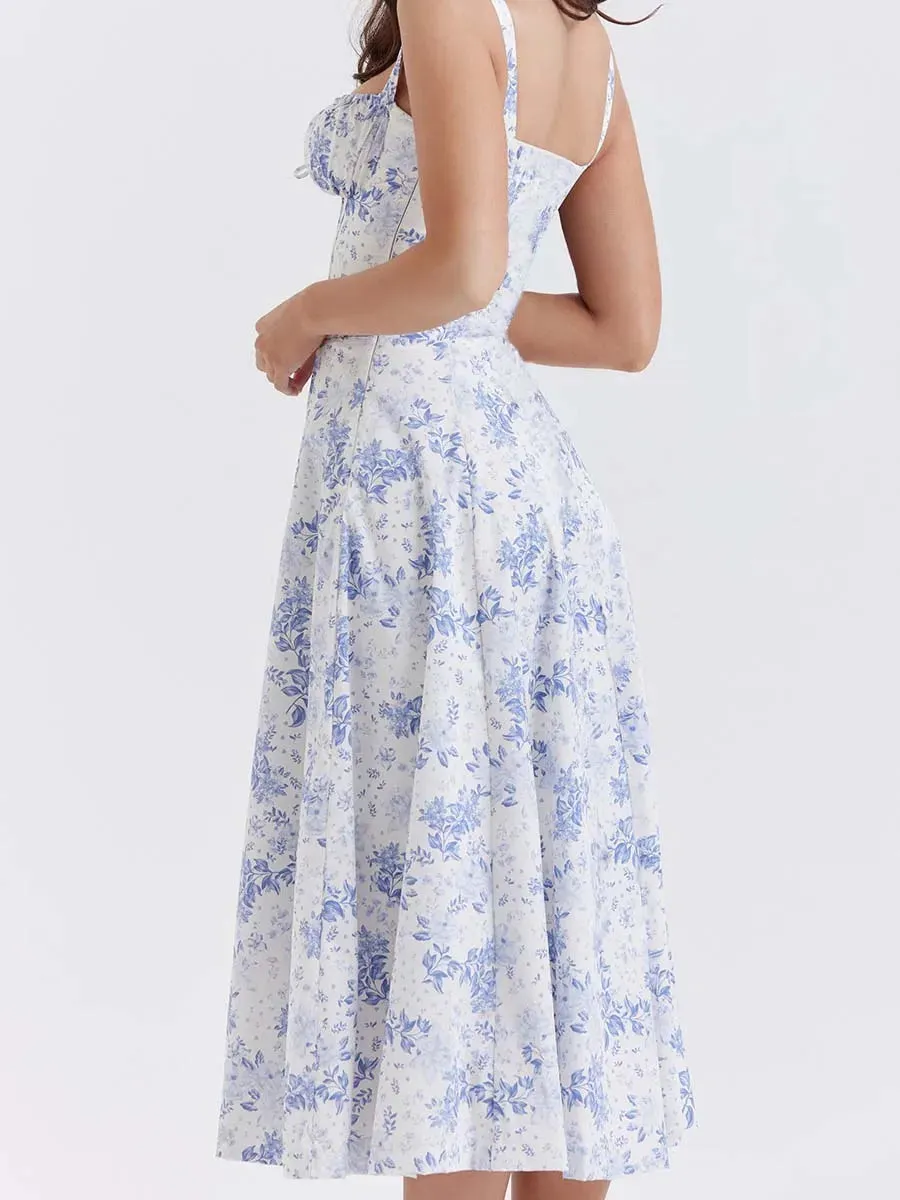 JazzHer Women Floral Print Long Dress Summer Chic Short Sleeve Spaghetti Strap Split A Line Party Sundress Ladies Holiday Beach Vestidos