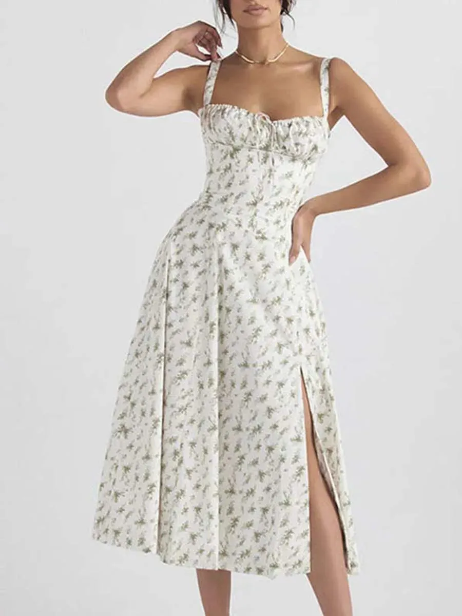JazzHer Women Floral Print Long Dress Summer Chic Short Sleeve Spaghetti Strap Split A Line Party Sundress Ladies Holiday Beach Vestidos