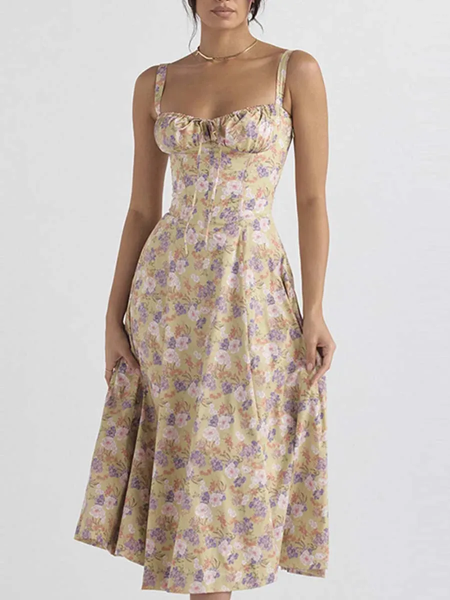 JazzHer Women Floral Print Long Dress Summer Chic Short Sleeve Spaghetti Strap Split A Line Party Sundress Ladies Holiday Beach Vestidos