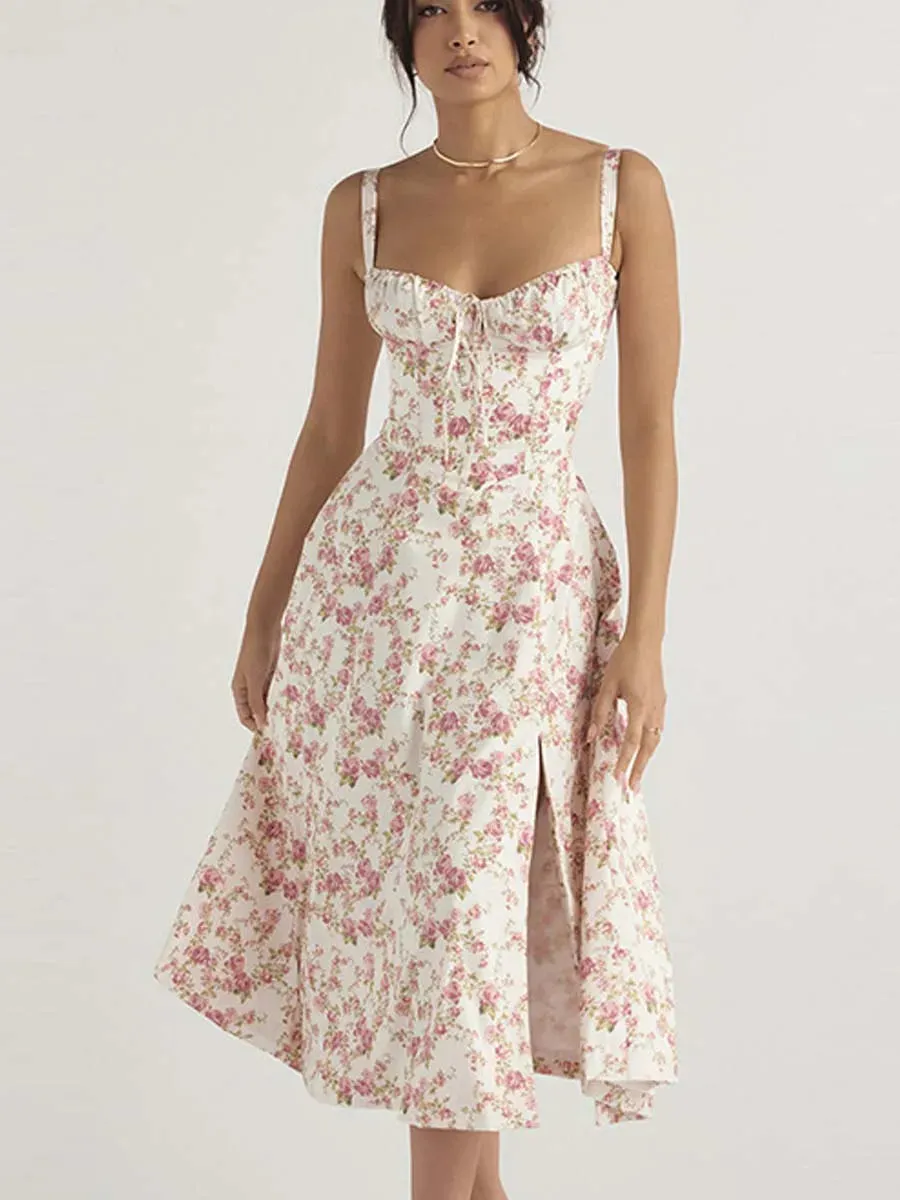 JazzHer Women Floral Print Long Dress Summer Chic Short Sleeve Spaghetti Strap Split A Line Party Sundress Ladies Holiday Beach Vestidos
