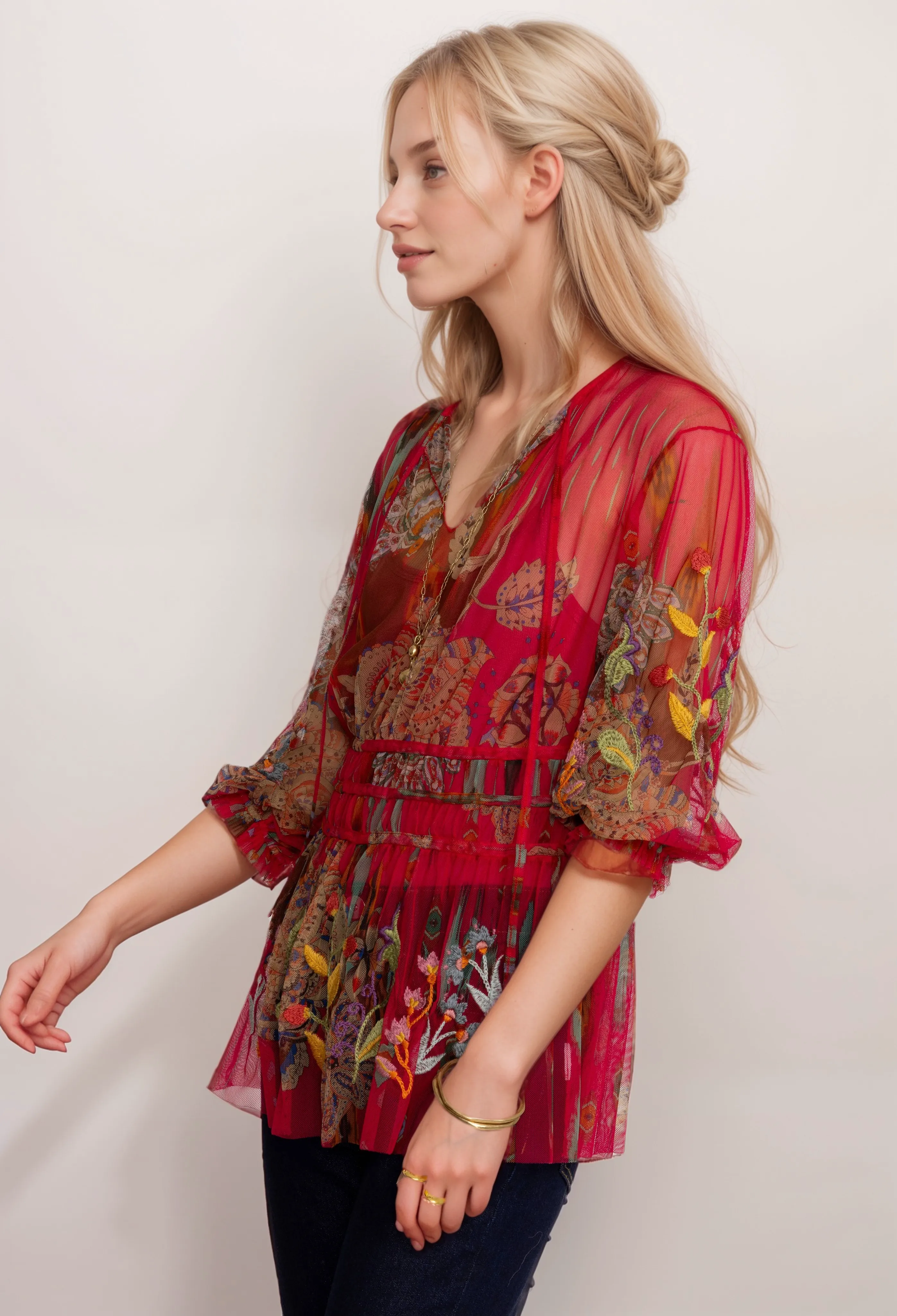 Johnny Was Feather Lark Mesh Blouse (Slip) B13624 Boho Chic