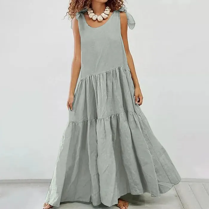 Kinsley - casual maxi dress with ruffles and lace-up cardigan in solid color