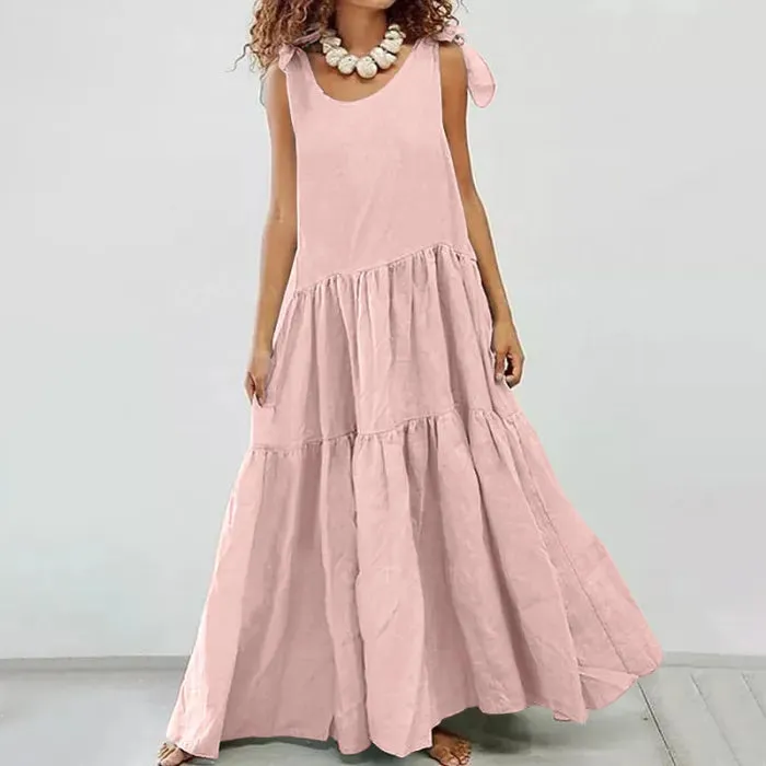 Kinsley - casual maxi dress with ruffles and lace-up cardigan in solid color