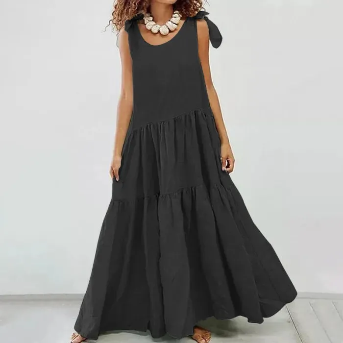 Kinsley - casual maxi dress with ruffles and lace-up cardigan in solid color