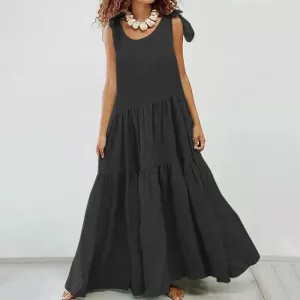 Kinsley - casual maxi dress with ruffles and lace-up cardigan in solid color