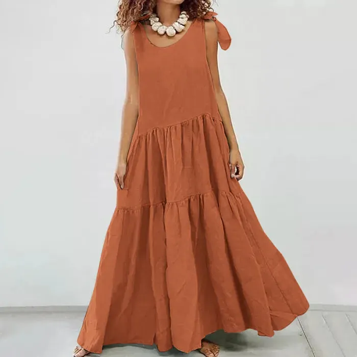 Kinsley - casual maxi dress with ruffles and lace-up cardigan in solid color