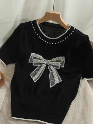Korean version nail bead mesh bow round neck short sleeve top women's 2022 new waist closing thin knitted T-shirt