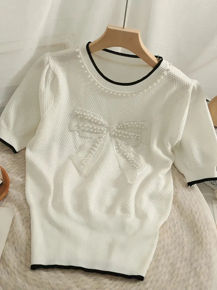 Korean version nail bead mesh bow round neck short sleeve top women's 2022 new waist closing thin knitted T-shirt