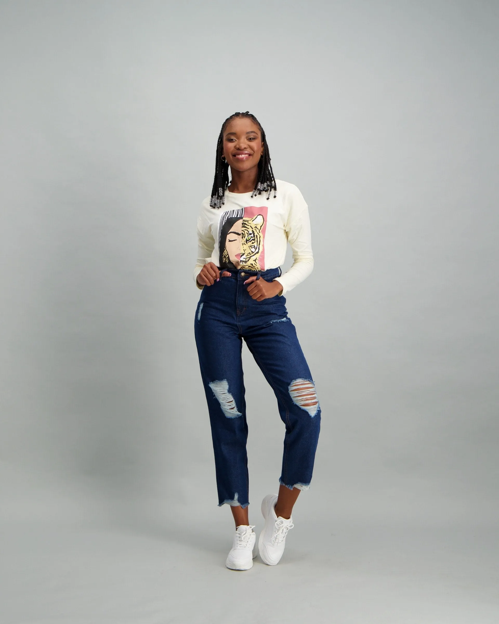 Ladies Dark Blue High-Rise Mom Jean