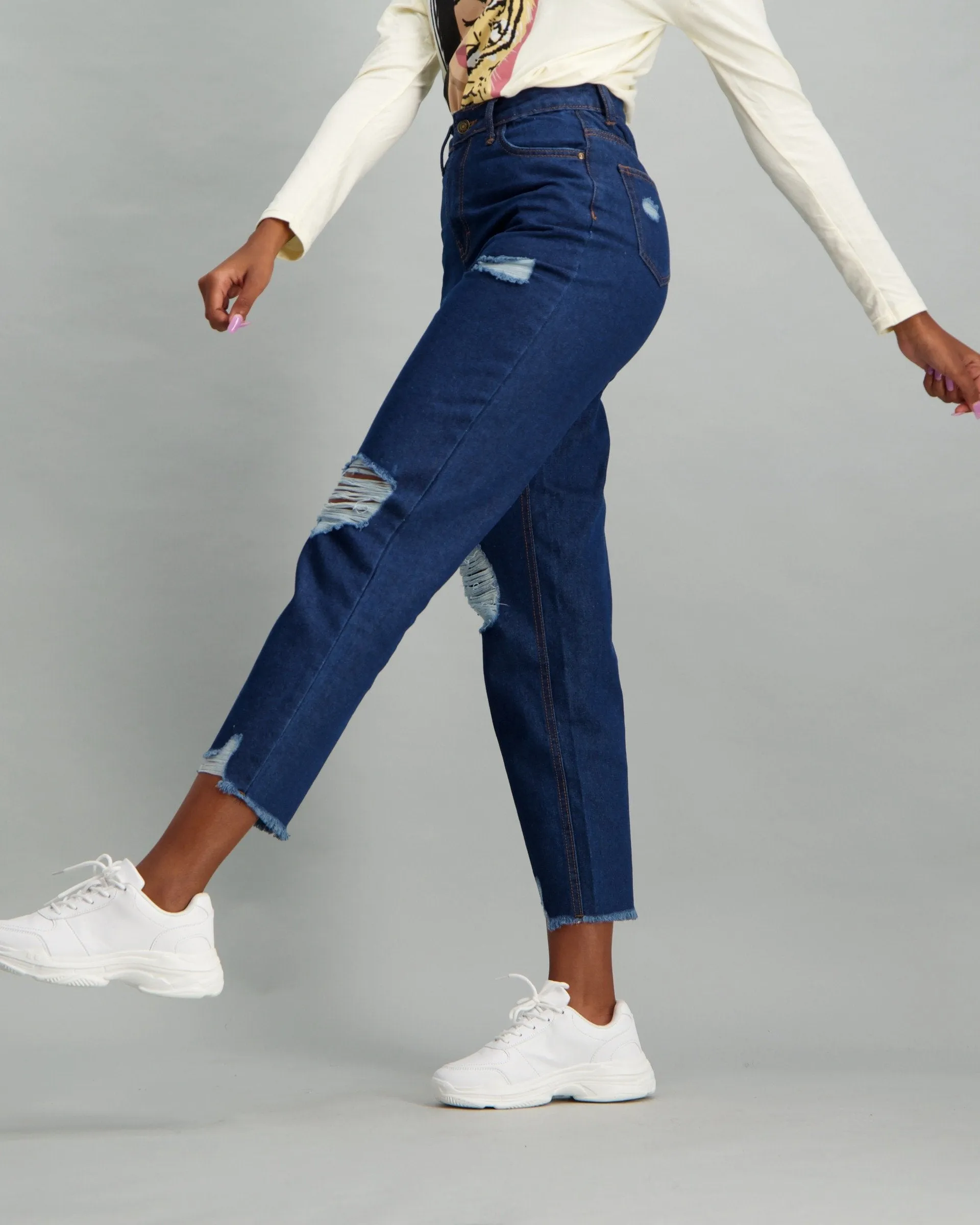 Ladies Dark Blue High-Rise Mom Jean