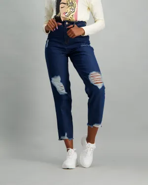 Ladies Dark Blue High-Rise Mom Jean