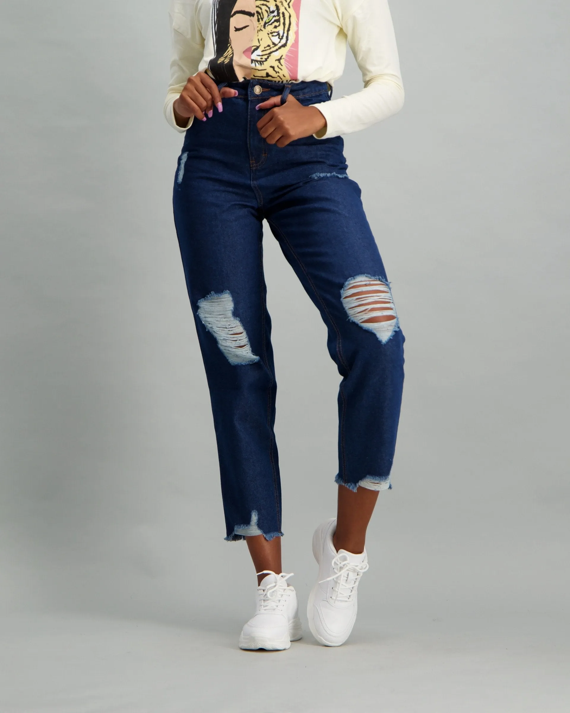 Ladies Dark Blue High-Rise Mom Jean