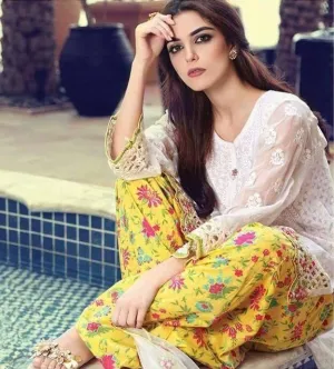 Lawn Shalwar Qameez with Embroidered Net Sleeves Dubatta - L89