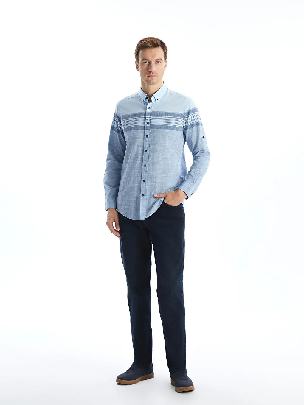 LCWAIKIKI Classic Blue Regular Fit Long Sleeve Striped Poplin Men Shirt