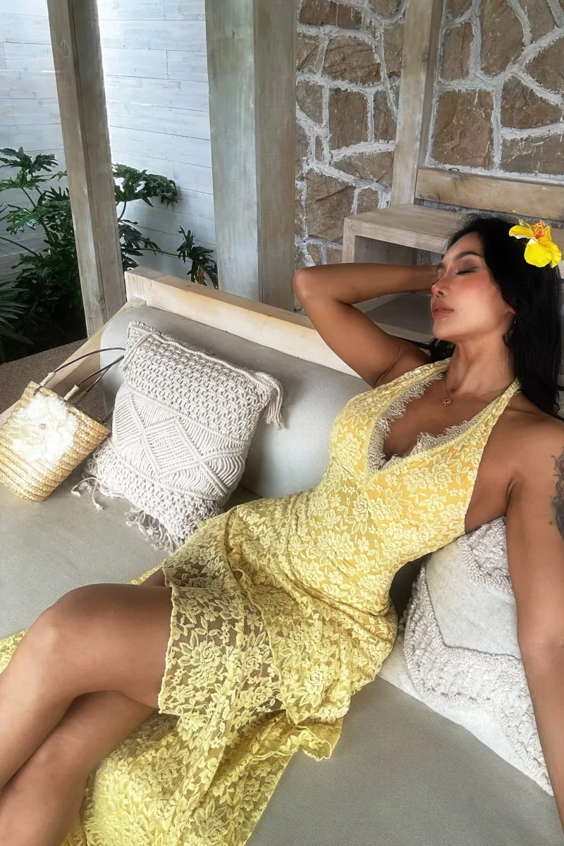 Lemon Bloom Lace Midi Dress