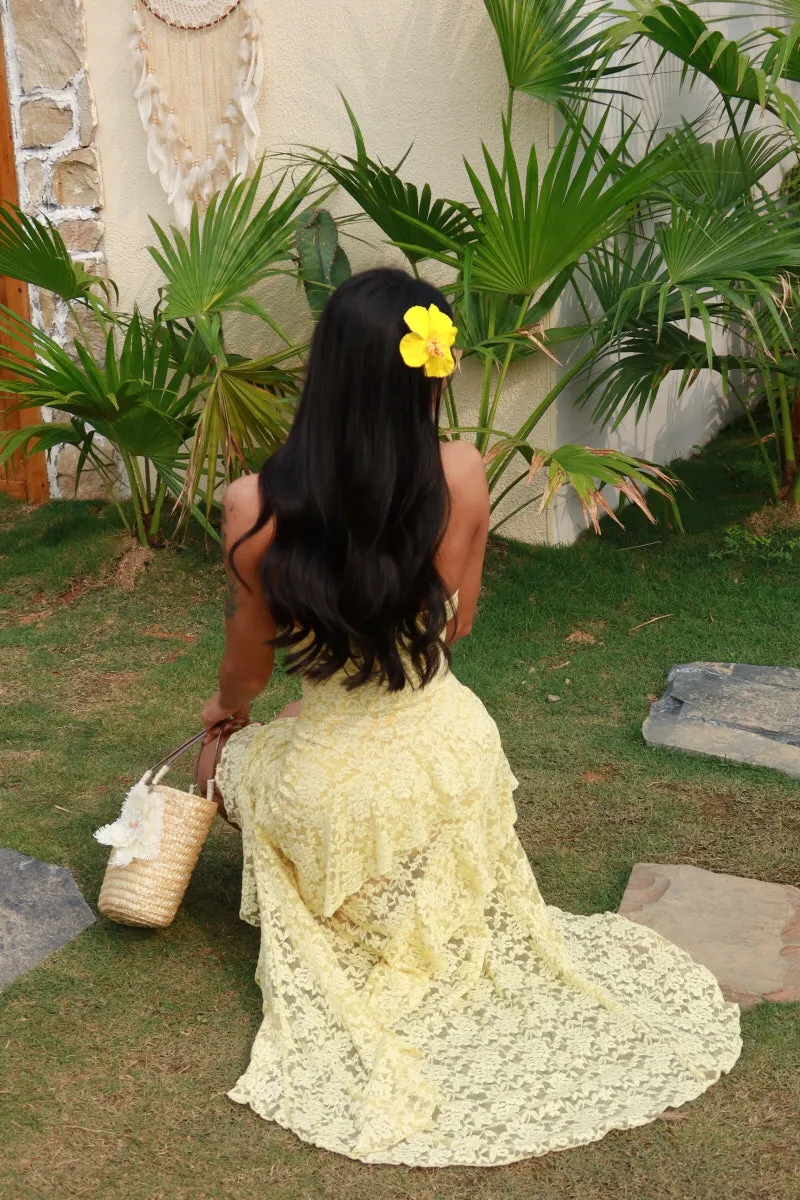 Lemon Bloom Lace Midi Dress