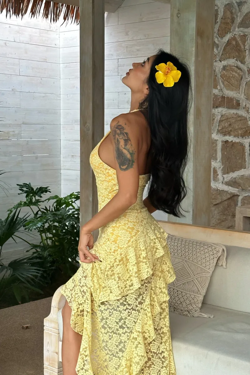 Lemon Bloom Lace Midi Dress
