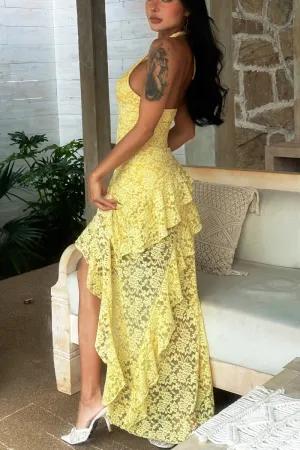 Lemon Bloom Lace Midi Dress
