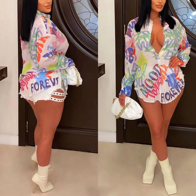 Letter Print Long Sleeve Blouse