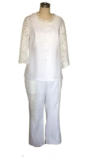Linen Pants Set with Lace Trim (White)- Style# #102SK