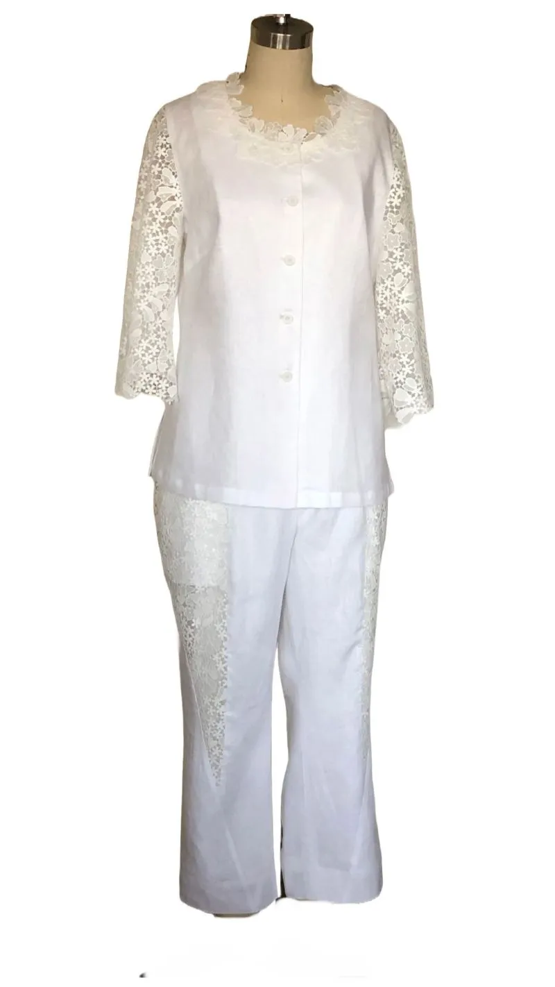 Linen Pants Set with Lace Trim (White)- Style# #102SK