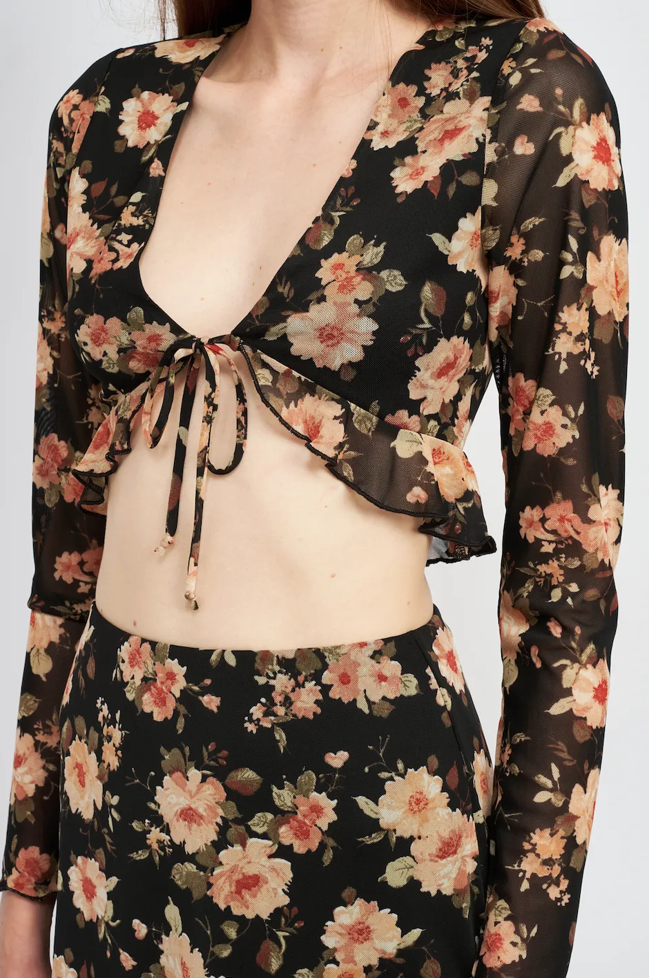Long Sleeve Mesh Tie Front Crop Top
