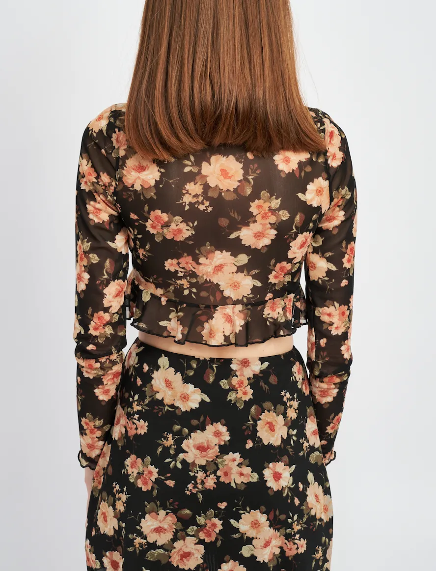 Long Sleeve Mesh Tie Front Crop Top