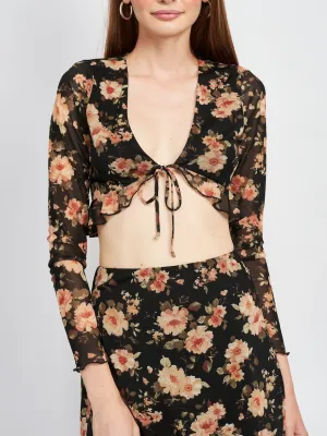 Long Sleeve Mesh Tie Front Crop Top