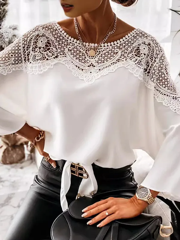 Long Sleeves Loose Solid Color Split-Joint Round-Neck Blouses&Shirts Tops