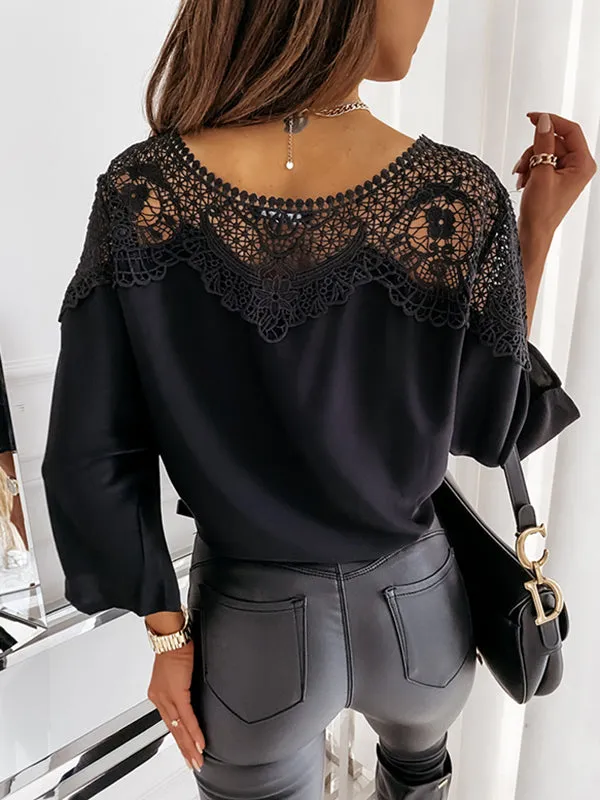 Long Sleeves Loose Solid Color Split-Joint Round-Neck Blouses&Shirts Tops