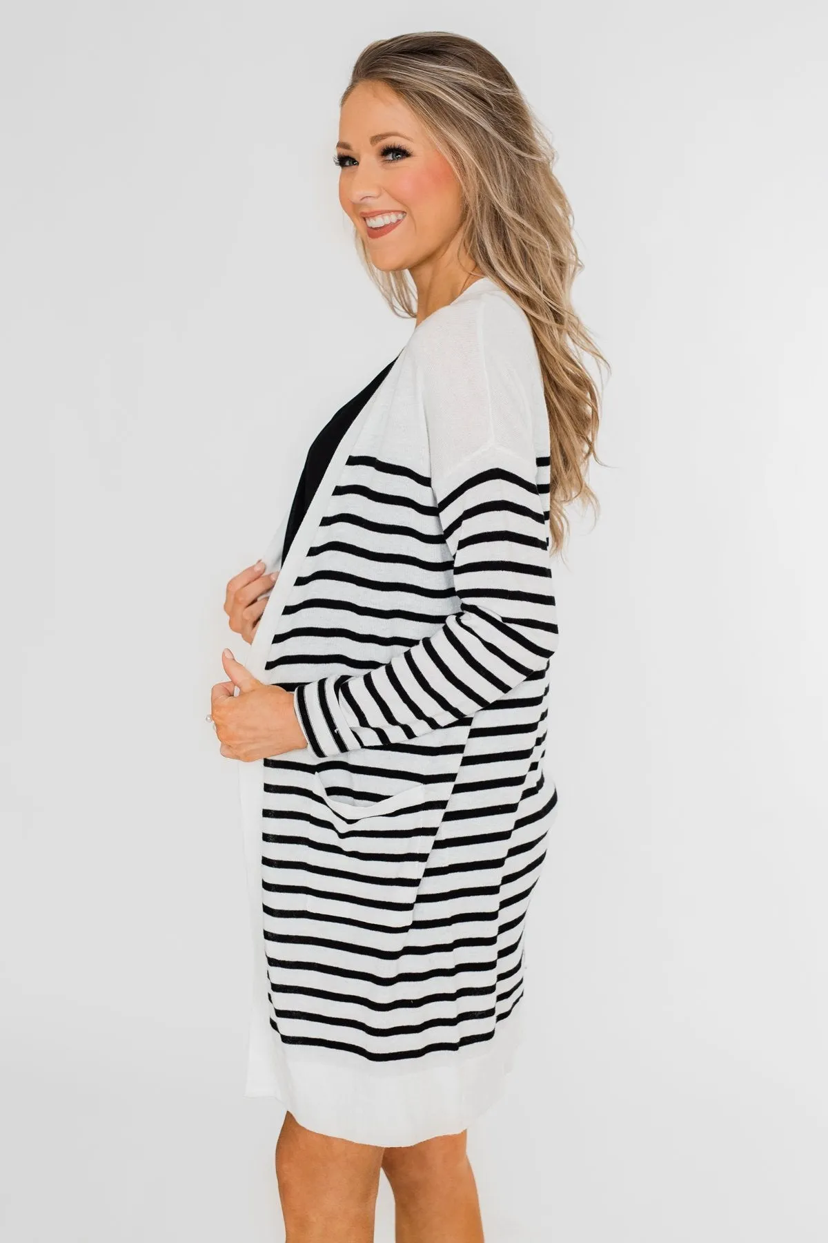 Long Striped Cardigan- Off White & Black