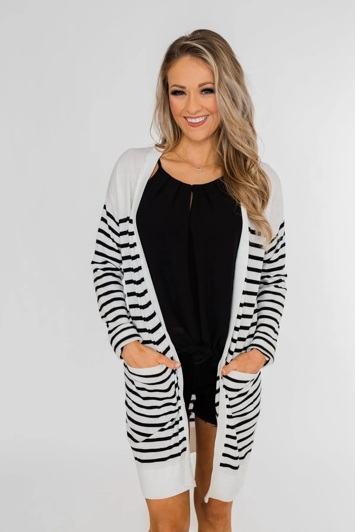 Long Striped Cardigan- Off White & Black