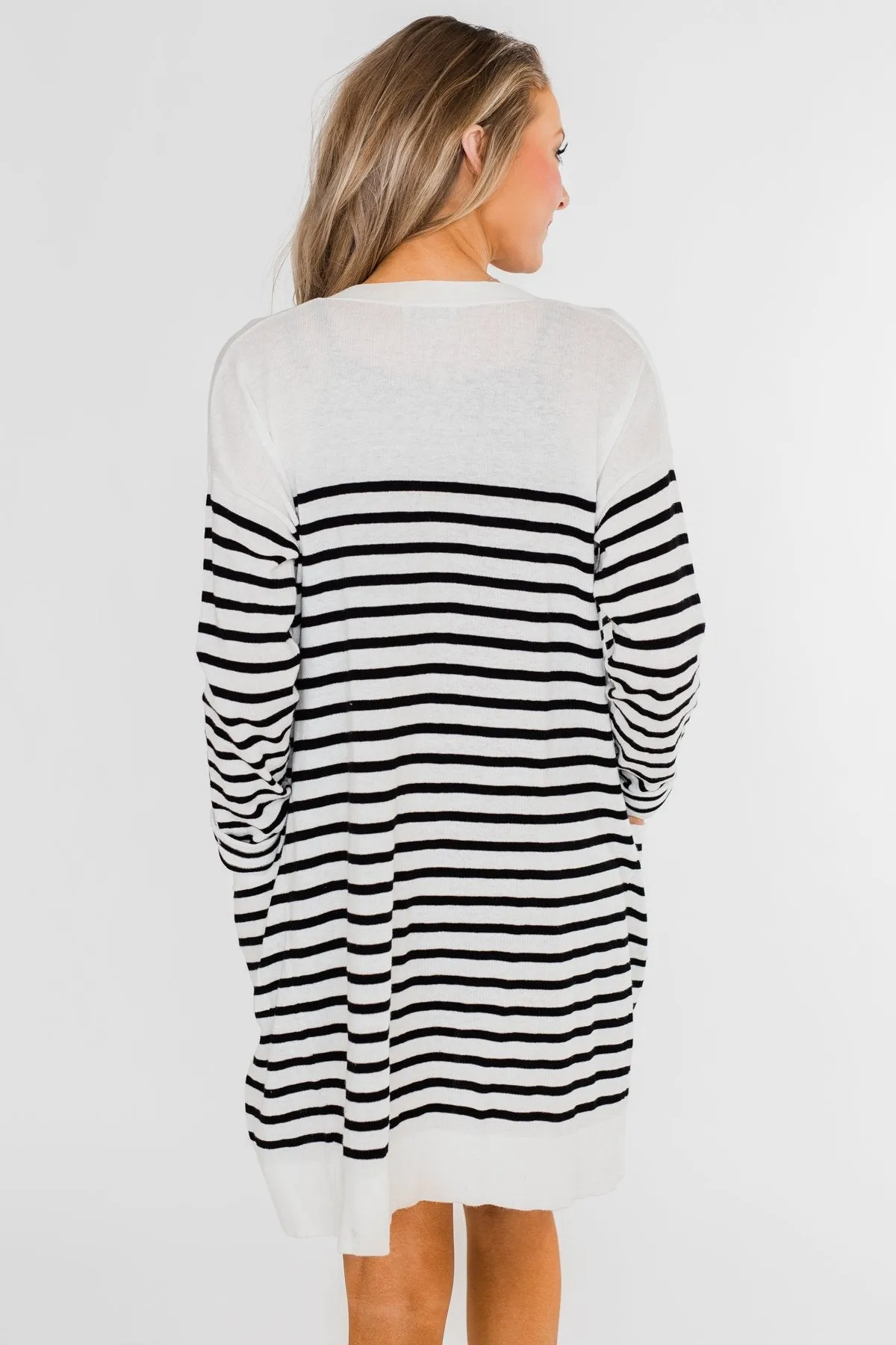 Long Striped Cardigan- Off White & Black