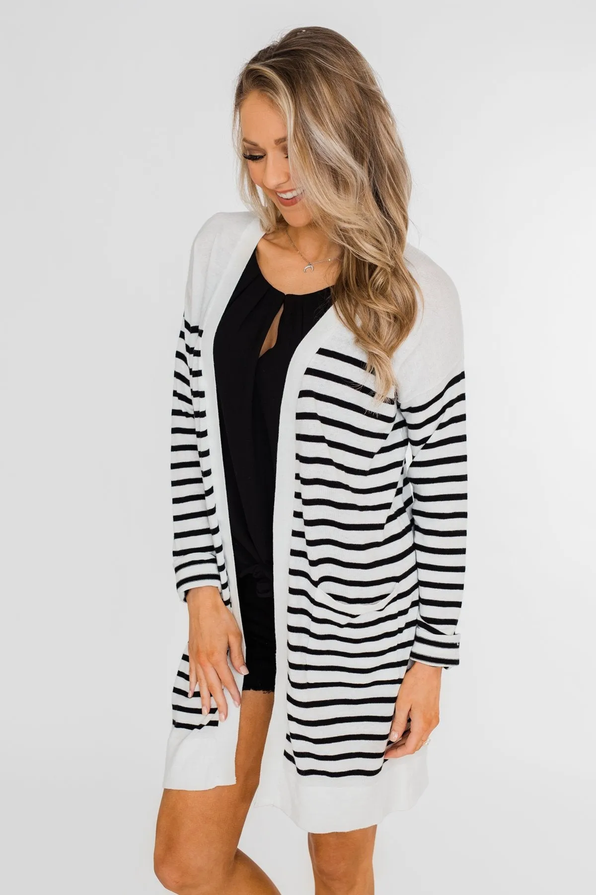 Long Striped Cardigan- Off White & Black