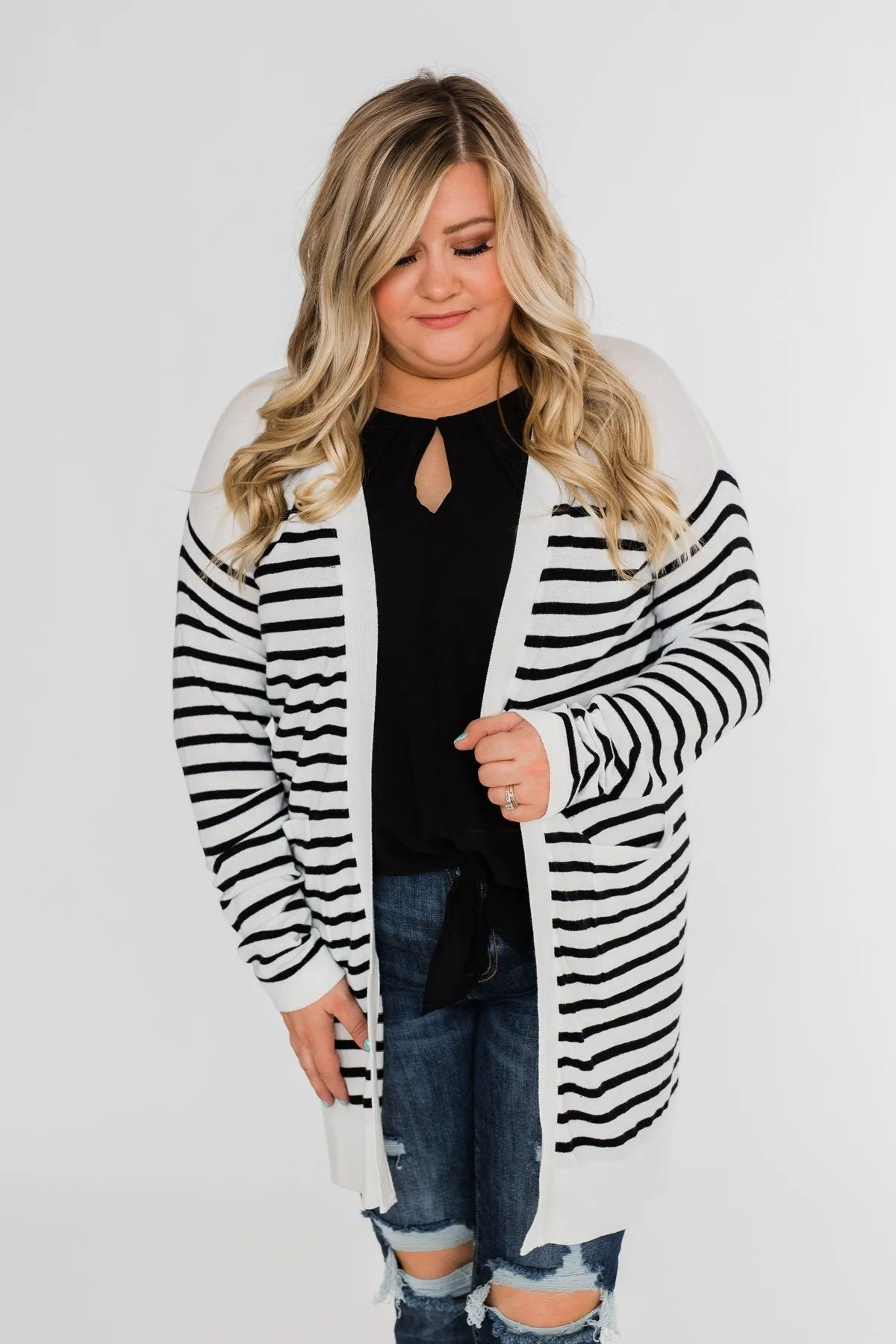 Long Striped Cardigan- Off White & Black