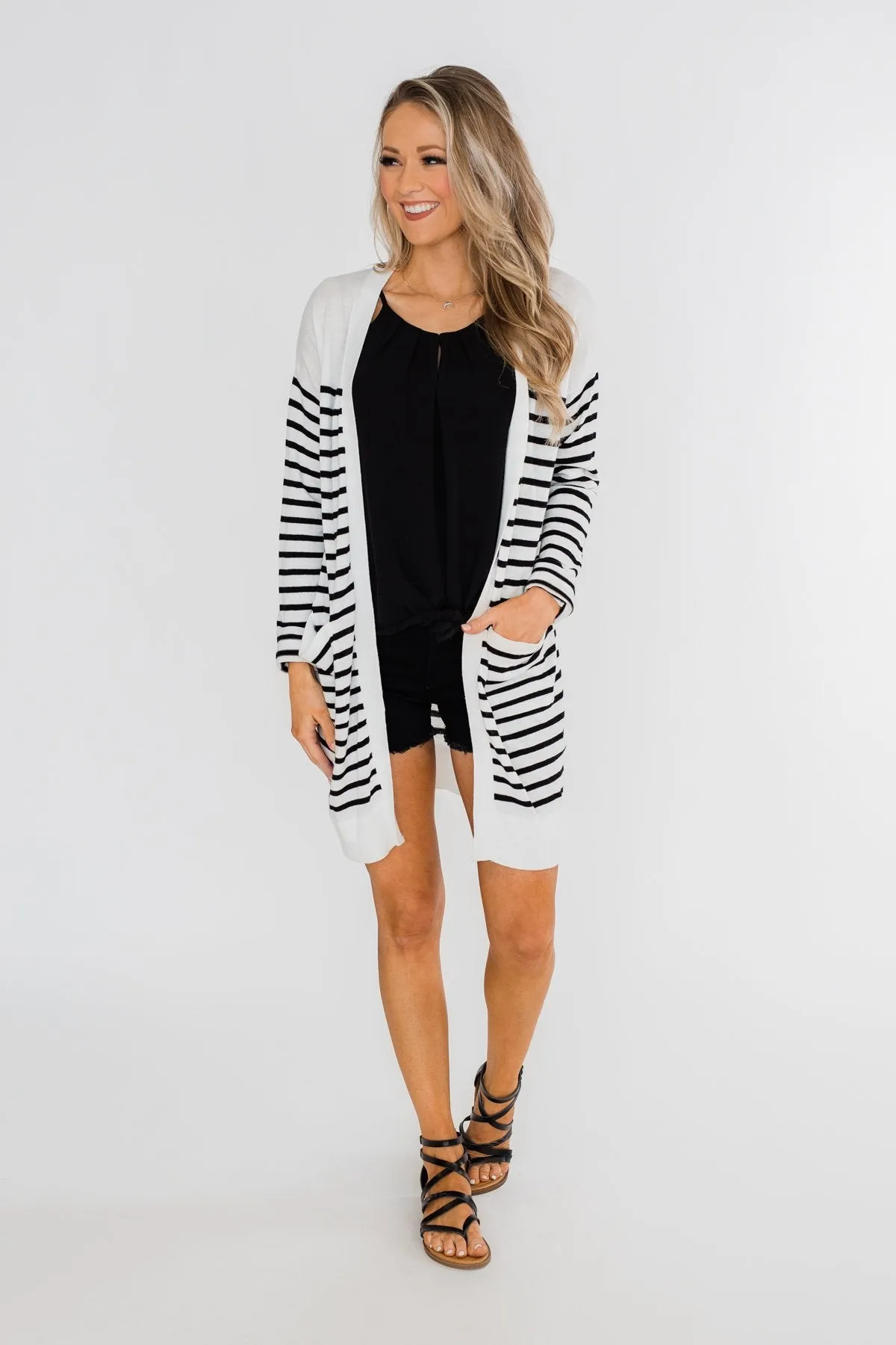 Long Striped Cardigan- Off White & Black