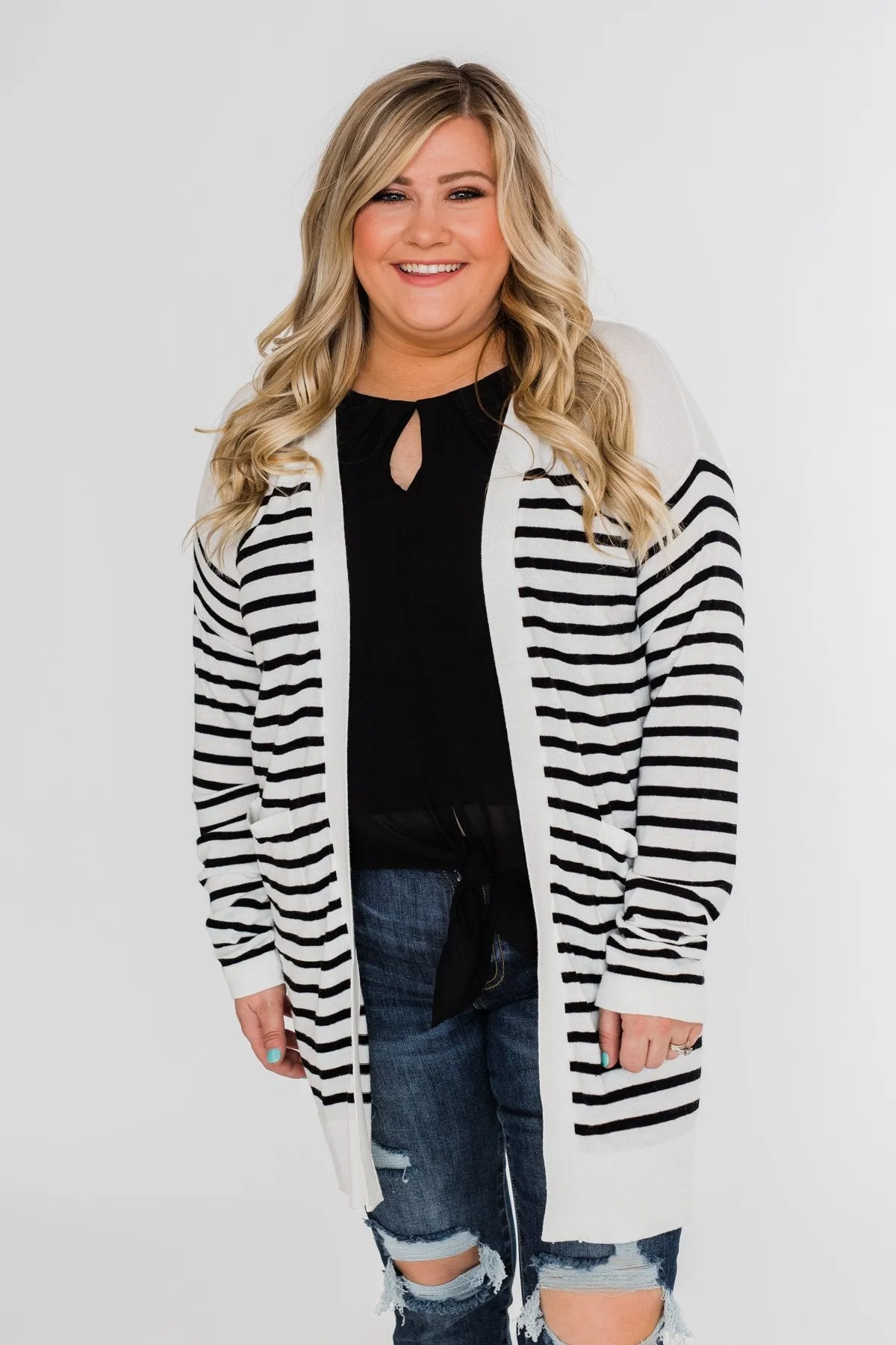 Long Striped Cardigan- Off White & Black